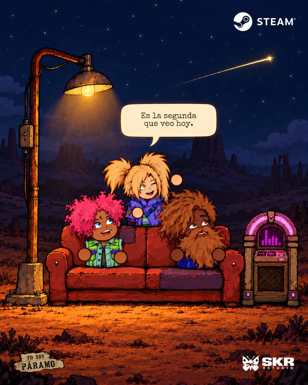Ilustración de tres personajes en un sofá bajo una estrella fugaz.