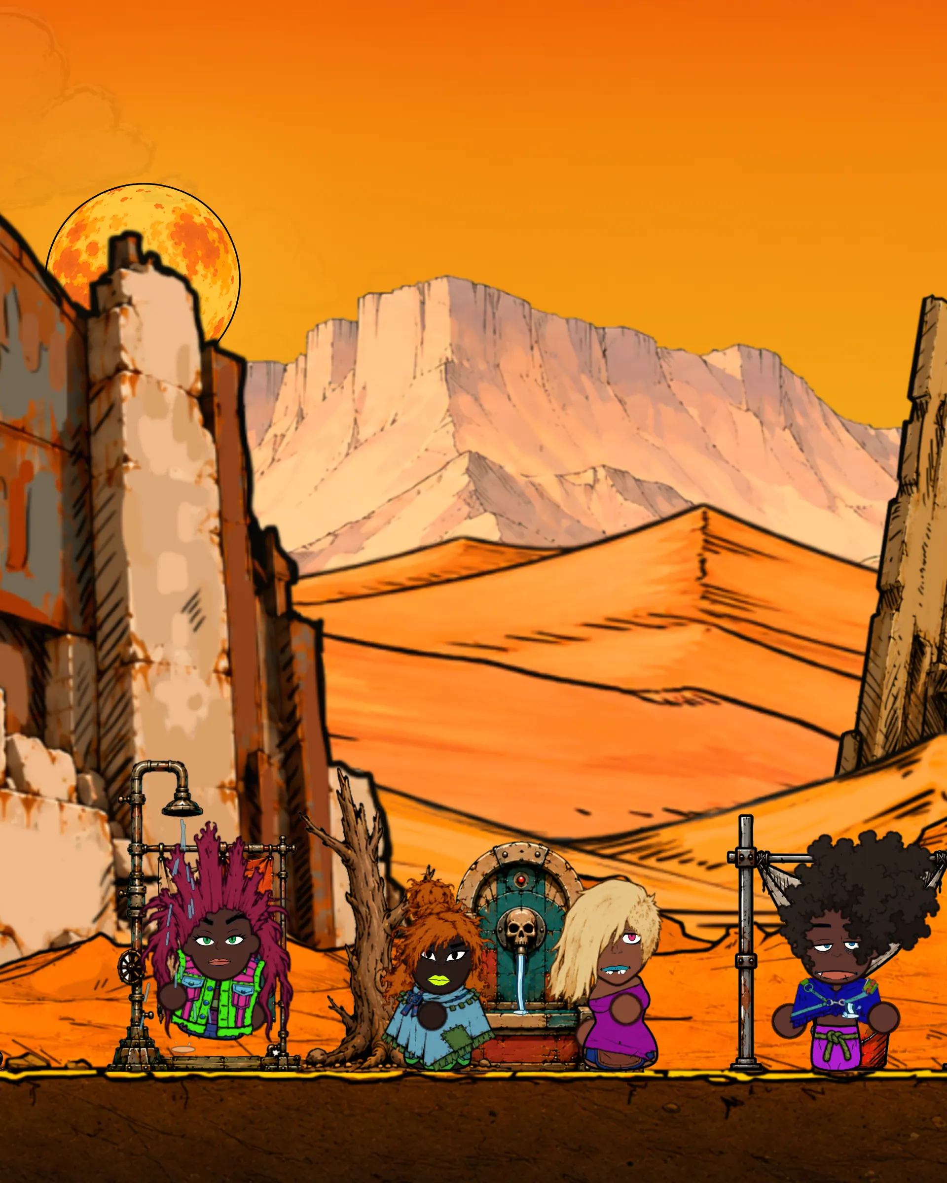Grupo de habitantes junto a la fuente al amanecer.