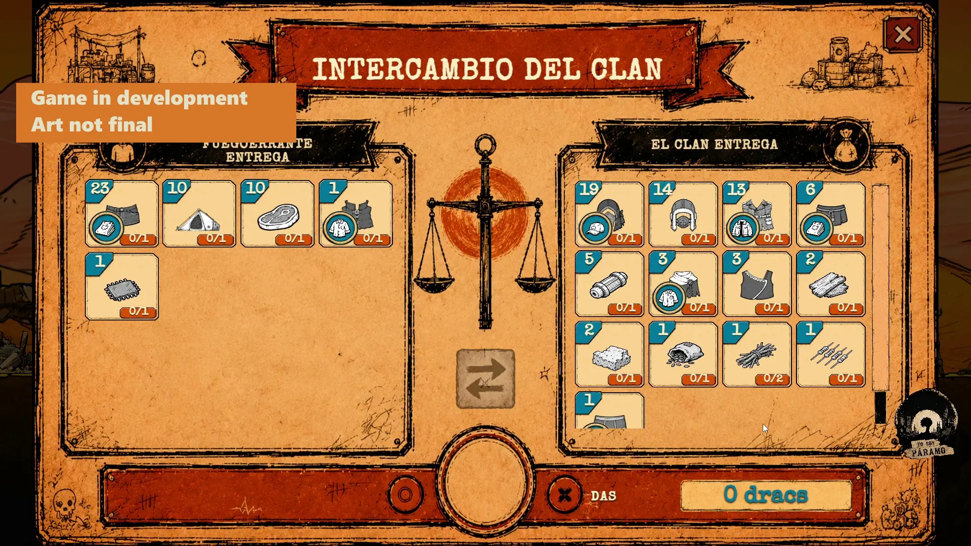 Ventana de intercambio entre clanes con una balanza en el centro.