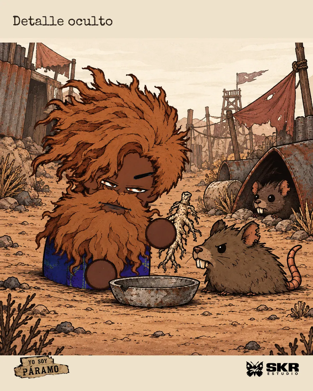 Ilustración de un habitante peludo junto a una rata y un cuenco.