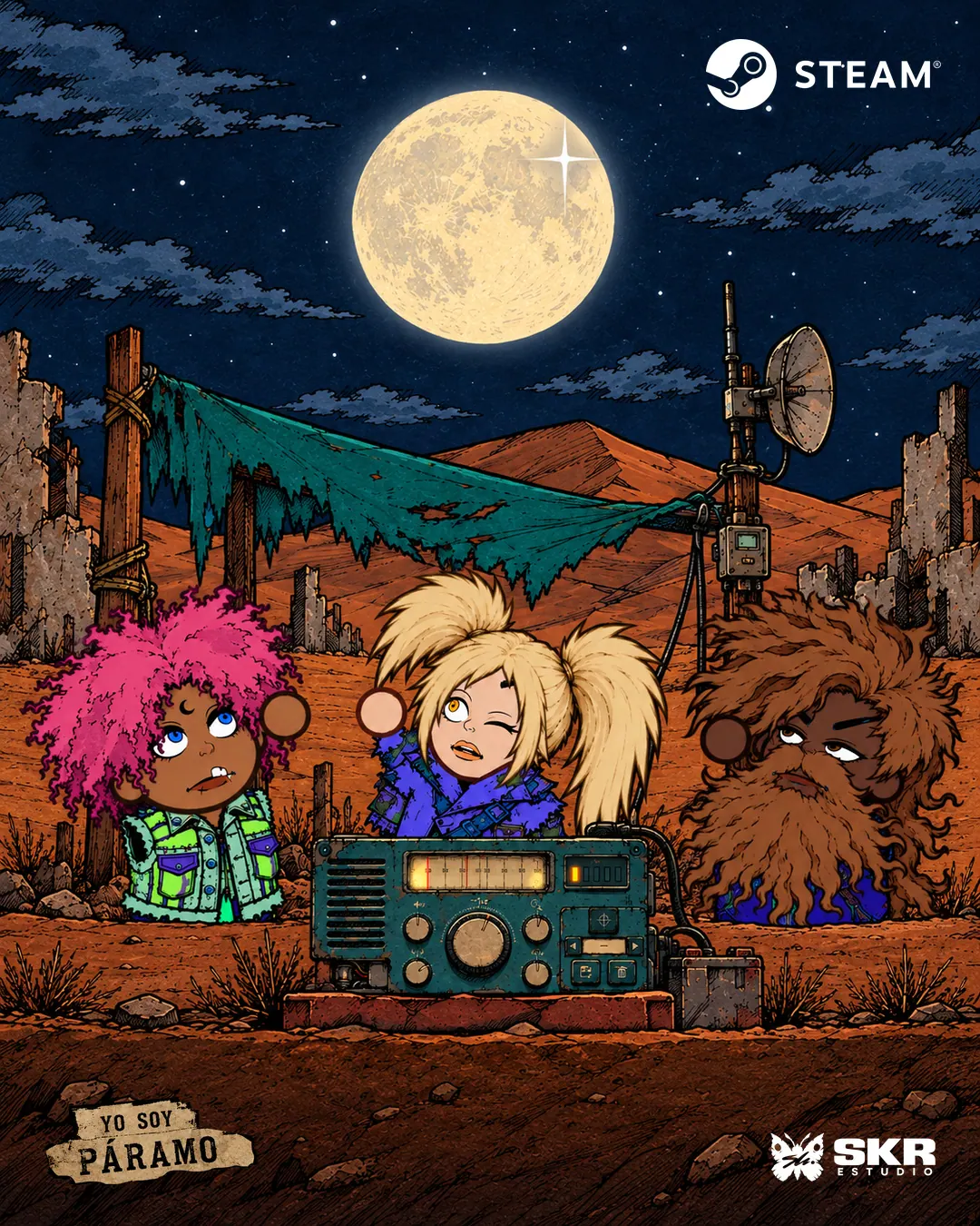 Ilustración de tres personajes junto a una radio bajo la luna llena.