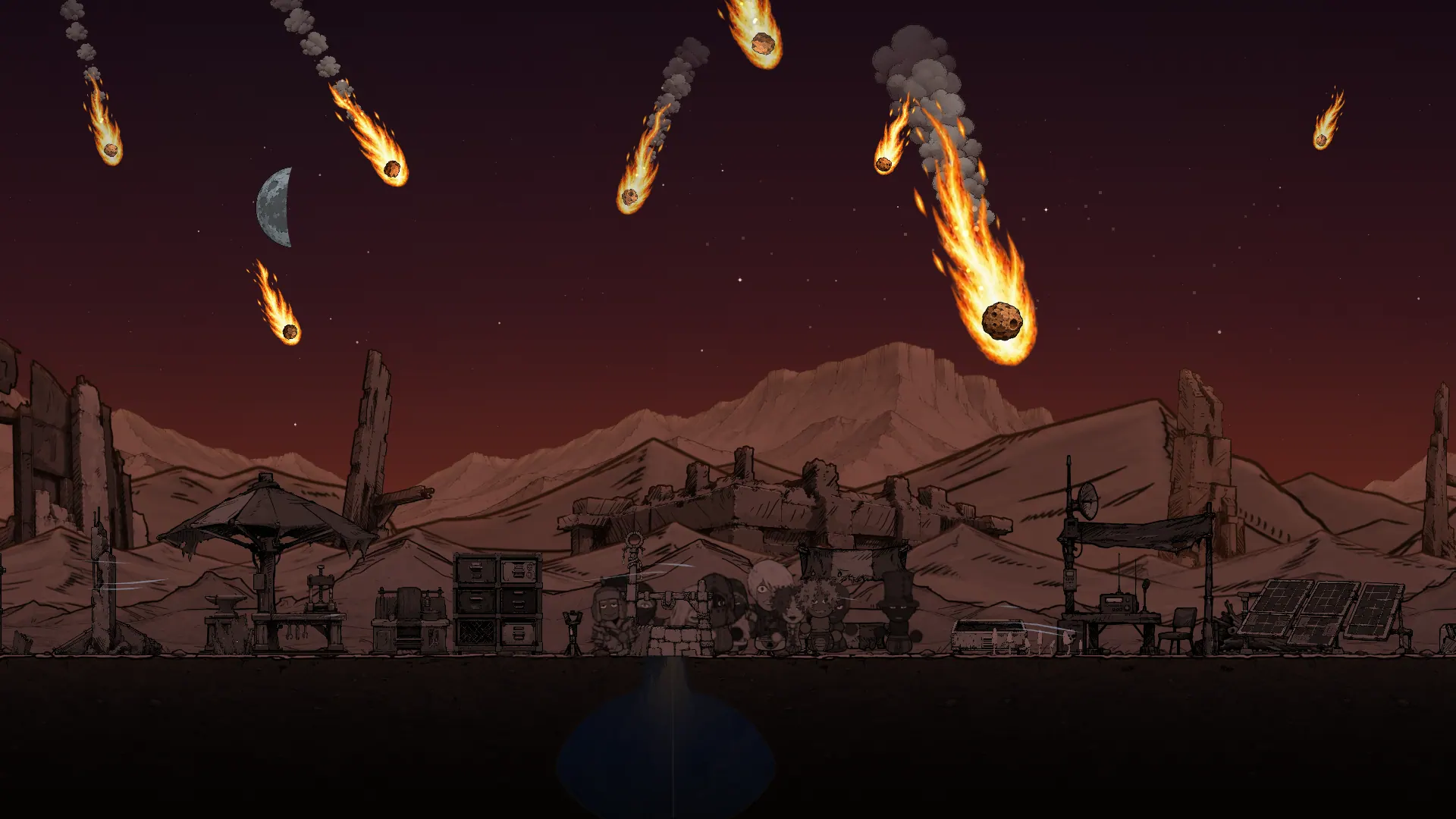 Meteoritos en llamas cayendo de noche sobre el asentamiento.