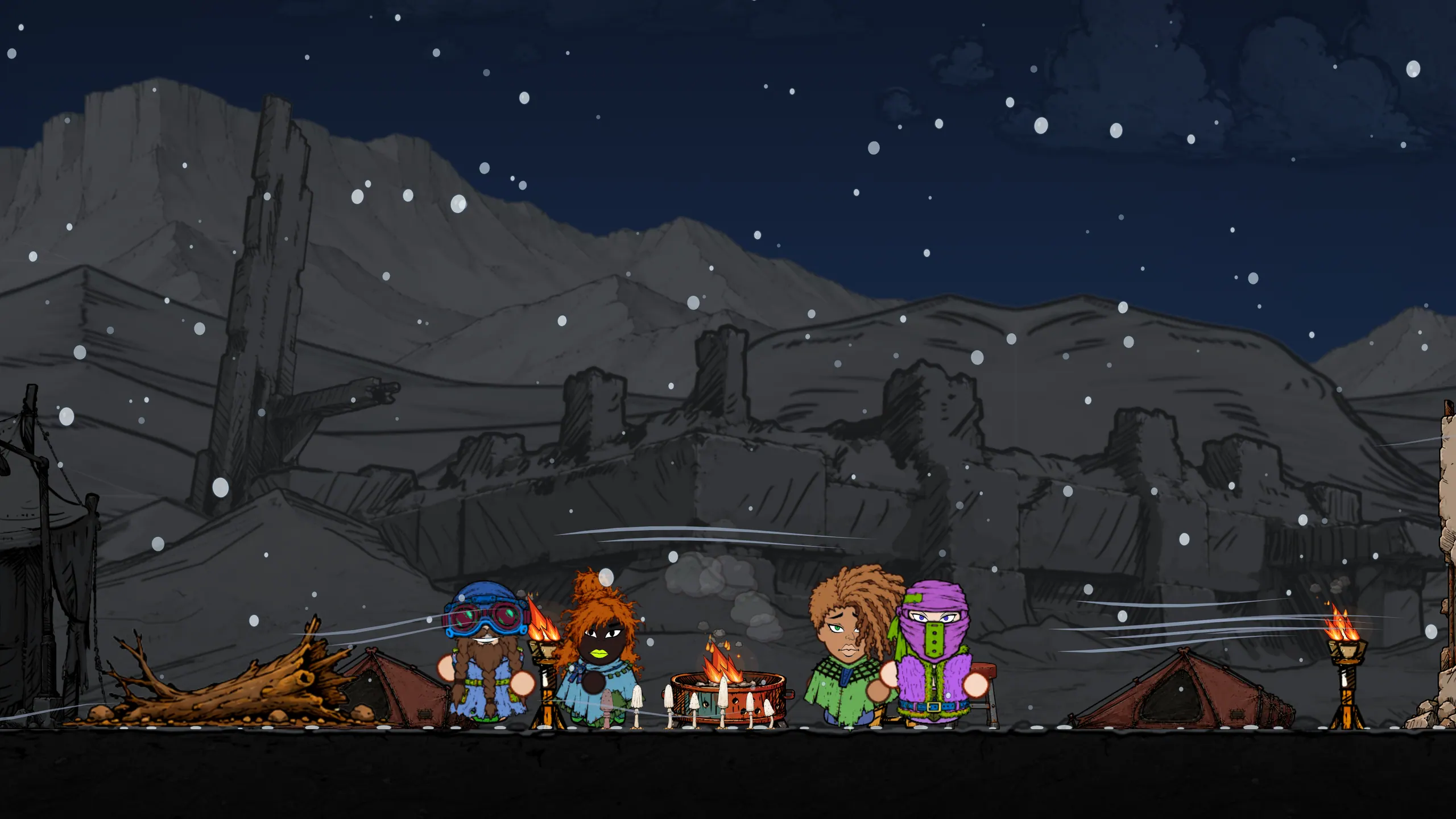 Habitantes reunidos junto a velas mientras nieva de noche.