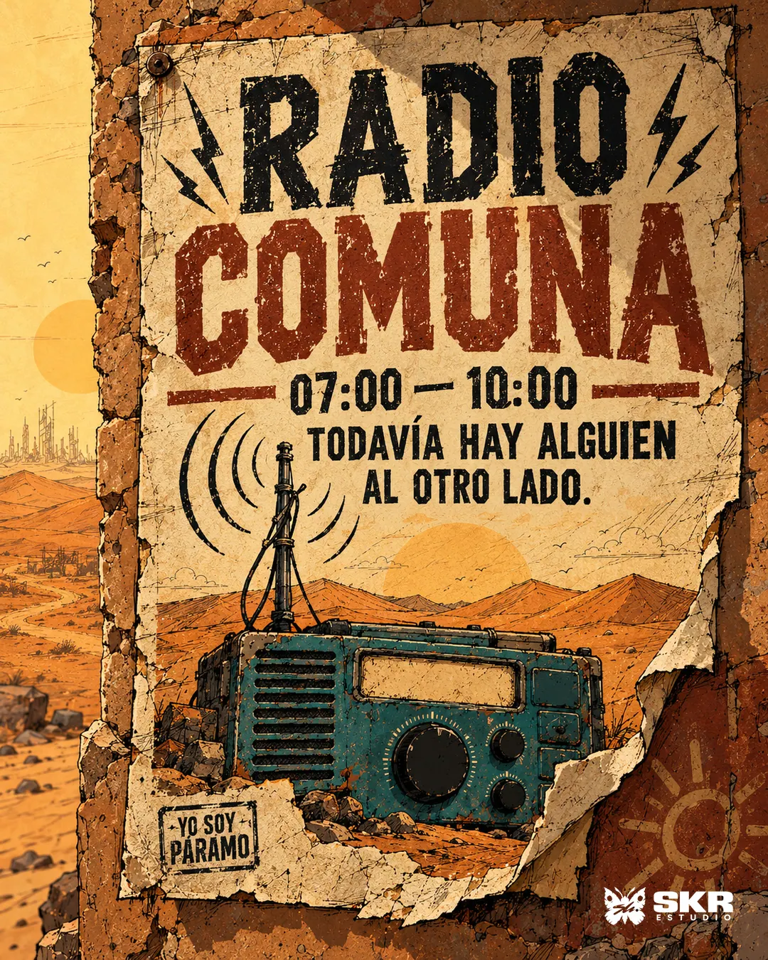 Cartel ilustrado de Radio Comuna con una radio antigua.