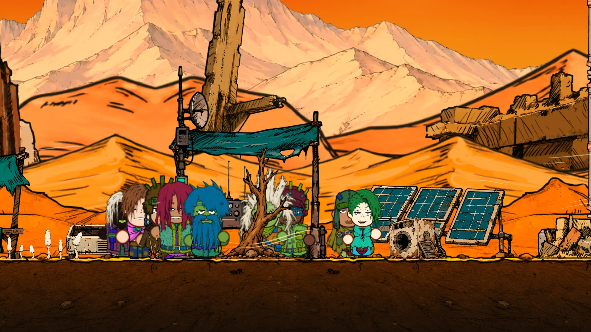 Habitantes junto a la estación de radio y una fila de paneles solares.