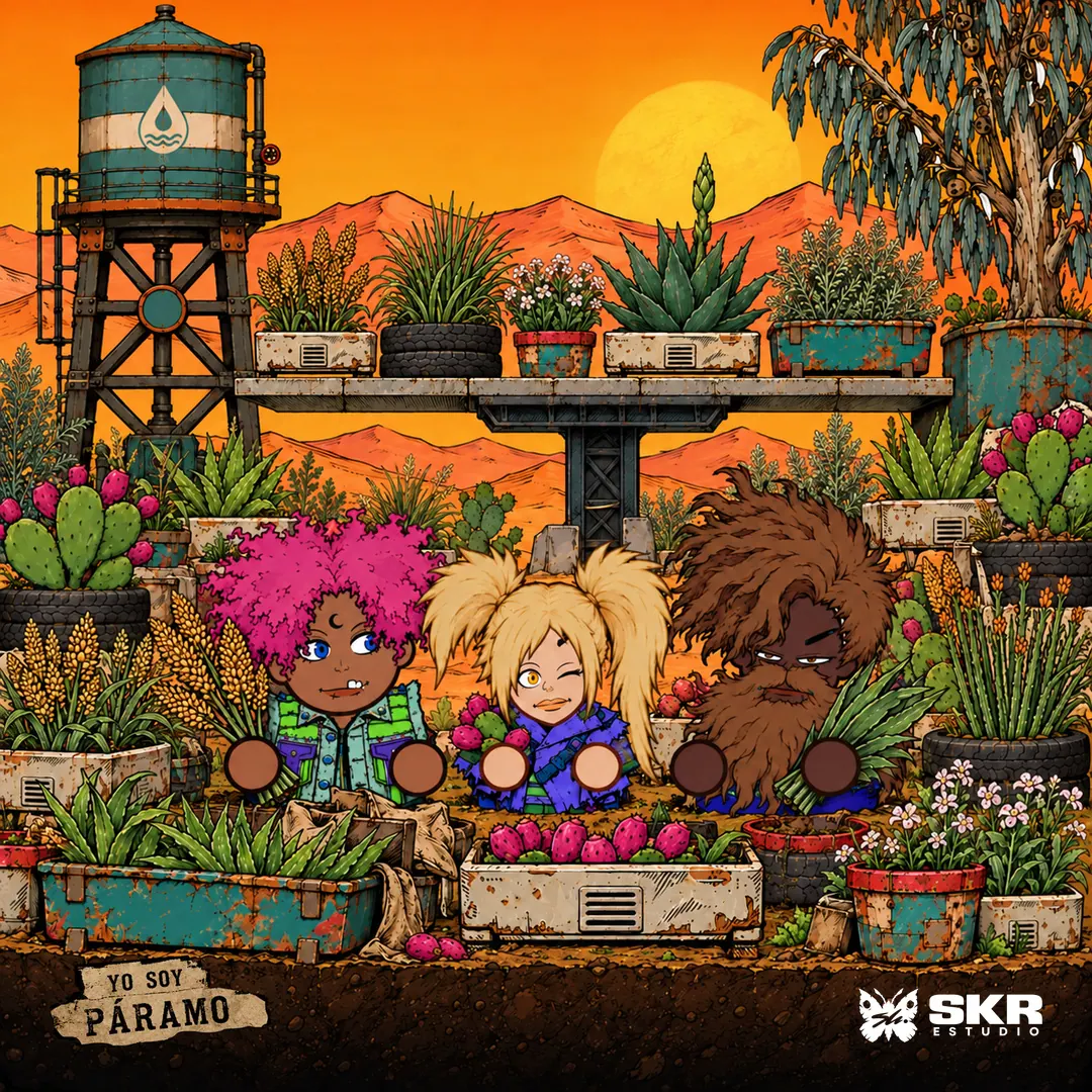 Ilustración de tres personajes en un huerto lleno de plantas.