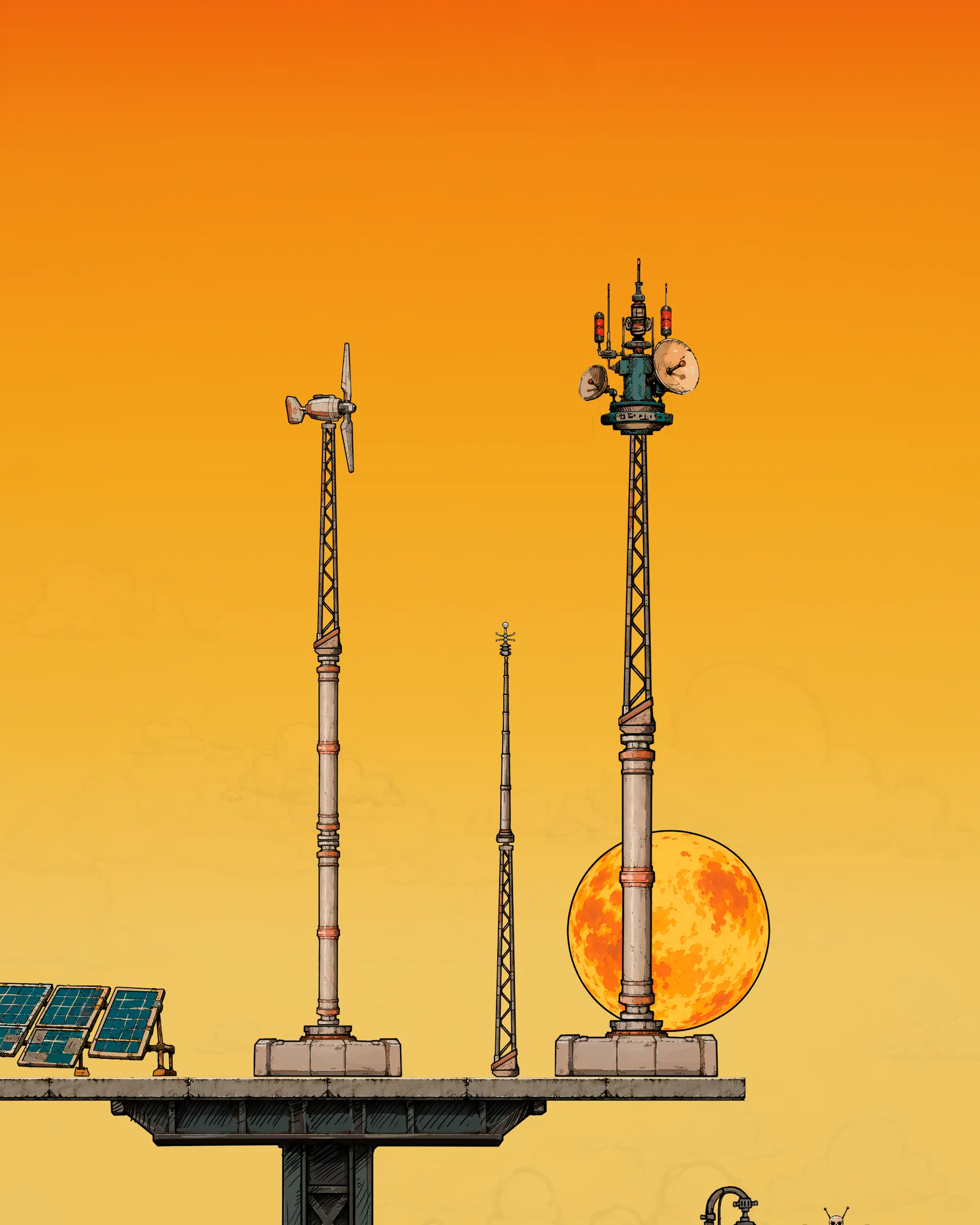 Dos antenas altas sobre una plataforma con paneles solares y el sol rojo detrás.