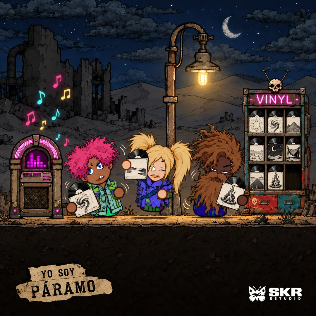Ilustración de tres personajes eligiendo discos de noche.